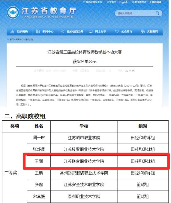 喜报！王训老师获江苏省第三届高校体育教师教学基本功大赛二等奖